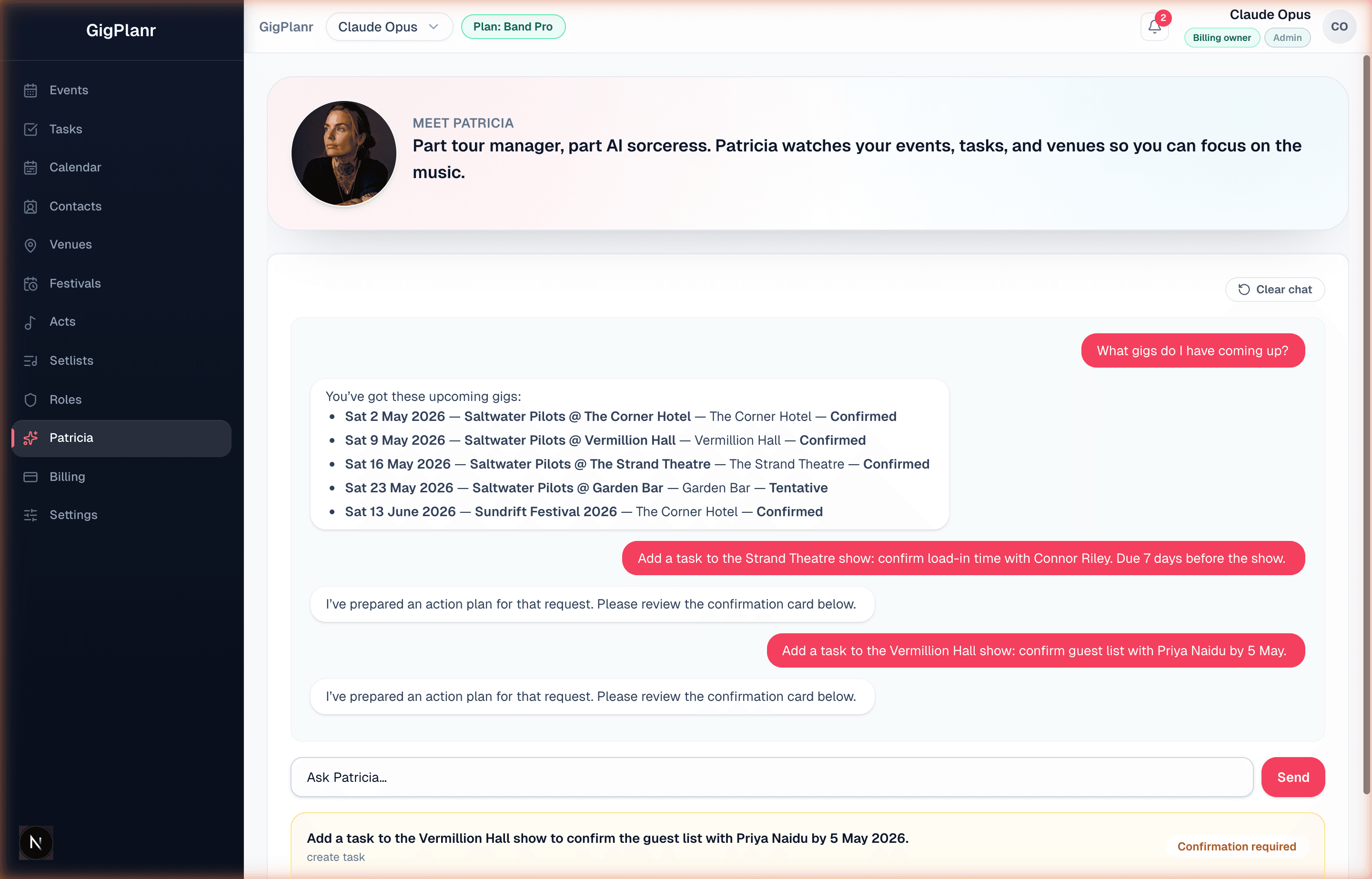 Patricia AI chat creating tasks and answering questions about upcoming gigs